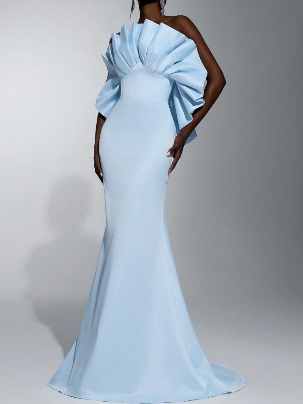 Baby Blue Elegant Women's Mermaid Evening Gown with Ruffle Off-Shoulder Train